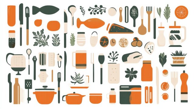 Minimalist Flat Food Illustrations on Isolated White Background