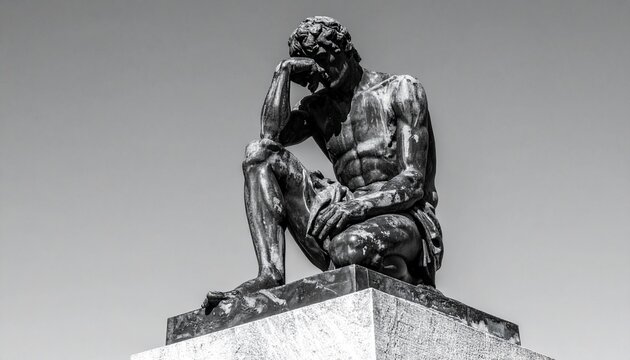 Monochrome Sculpture of a Pensive Figure on a Stone Pedestal