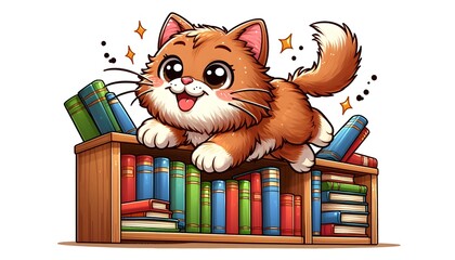 Cute cartoon kitty, a funny domestic pet, is reading a red book, an isolated feline illustration for school fun