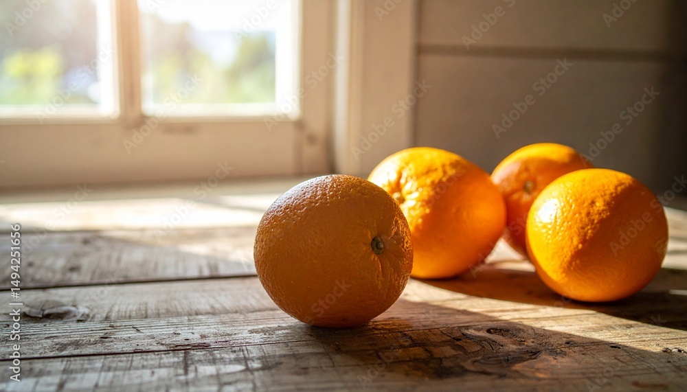 Poster Oranges in Soft Light on Rustic Wooden Table near Window