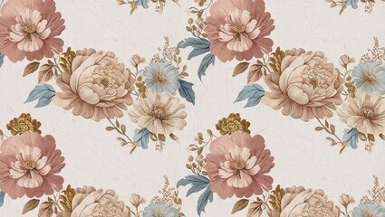 Seamless elegant floral wallpaper design, featuring detailed hand-drawn flowers in muted colors like blush pink, beige, gold, and soft blue, classic vintage style, perfect for home decor and textiles