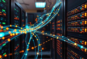 Fototapeta premium Abstract digital data streams flowing through server racks, visualized with glowing lines and nodes, interface, server