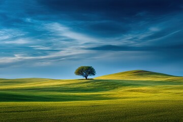 Solitary Tree In Lush Green Field Under Cloudy Sky