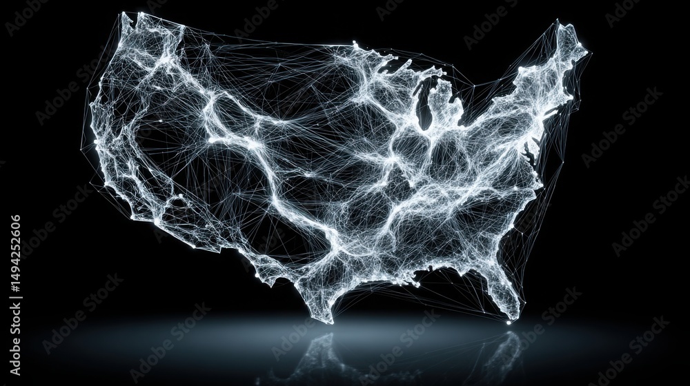 Poster united states map with network design depicting quantum investment flow simulation icon concept for 