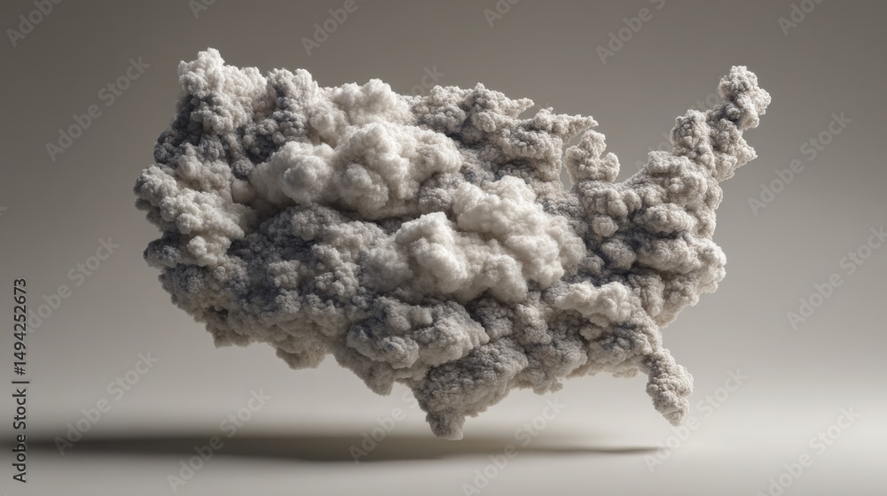 Poster cloud in the shape of a map visualizing real-time cloud consumption index icon concept for data moni