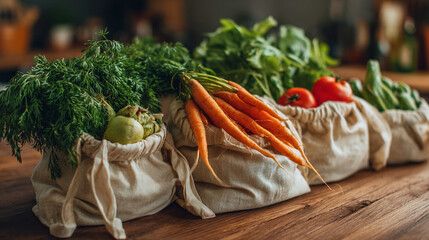 Fresh organic vegetables in reusable bags on wooden table healthy food zero waste shopping concept