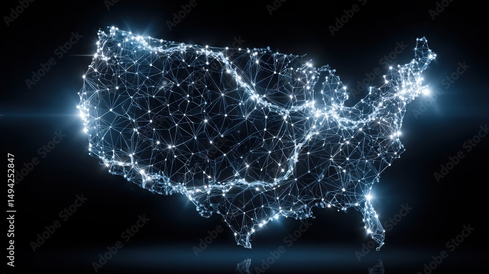 Poster united states map with network of connected lines for real-time crypto taxation tool icon concept an