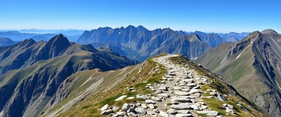 A winding rocky mountain path ascends towards distant, dark peaks, hand-drawn style,  steep,  adventure