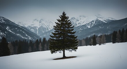 Fototapeta premium Standing Evergreen Tree in Winter Landscape with Snow Covered Mountains