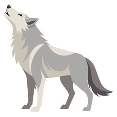 A light-colored wolf stands in profile with its head raised, howling a white background