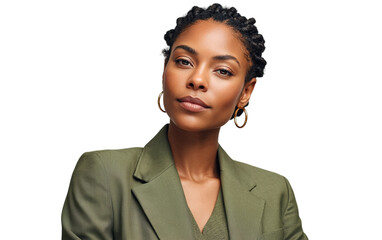 Elegant woman in an olive-green suit captured in a side pose with a focused, serious expression against a clean white backdrop. Ideal for fashion editorials, branding, and professional visuals. PNG an