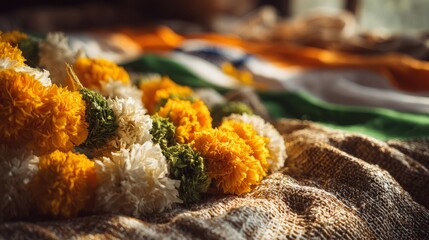 Fototapeta premium Vibrant marigold garlands in saffron, white, and green on fabric, celebrating India's Independence Day spirit 