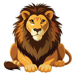 A majestic lion with a thick, dark mane rests with its front paws crossed a white background