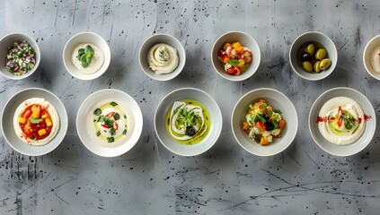 Hummus Bowls Variety with Toppings Overhead Shot on Gray Background