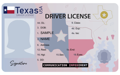 Texas driver's license. Female picture silhouette driver's license isolated on white background.