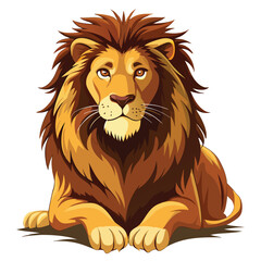 A majestic lion with a thick, dark mane rests with its front paws crossed a white background