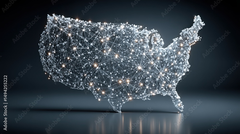 Poster united states map depicting a network of dots representing global remittance flows and economic inte