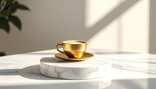 Elegant golden coffee cup on a marble table, illuminated by soft sunlight in a serene setting
