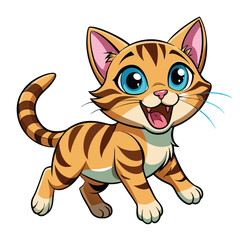 A playful tabby kitten with bright blue eyes and its mouth open mid-meow appears to be jumping a white background