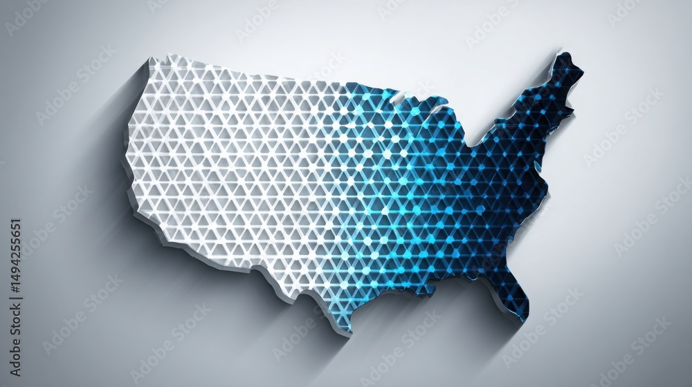 Poster usa map illustrated with blue triangle pattern as a tech-augmented purchasing power map for economic