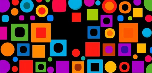 Vibrant abstract geometric pattern of colorful circles and squares on a deep black background, dark, geometry