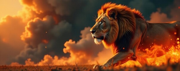 Majestic lion, smoke & fire swirl, epic cinematic portrait, cinematic, majestic