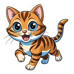 A playful tabby kitten with bright blue eyes and its mouth open mid-meow appears to be jumping a white background