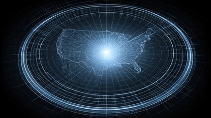Circular representation featuring a map of the united states illustrating a tech-enhanced monetary ecosystem radar concept