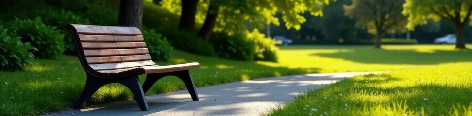 Fototapeta premium Modern metal park bench, sleek design, clean lines, seat, chrome, public space
