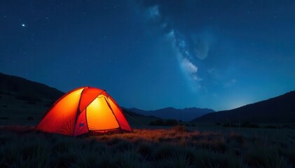 Night sky stars shine over a lone tent in a grassy meadow, landscape, stars, darkness