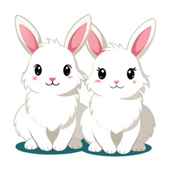 Two fluffy white rabbits sit side-by-side   a white background