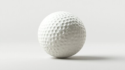 A single, pristine white golf ball rests on a plain, light gray surface.  The ball's dimpled texture is clearly visible