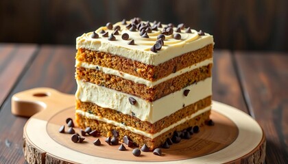 Tall square tiered cake, coffee cream frosting, chocolate chips, wooden board, texture, cream