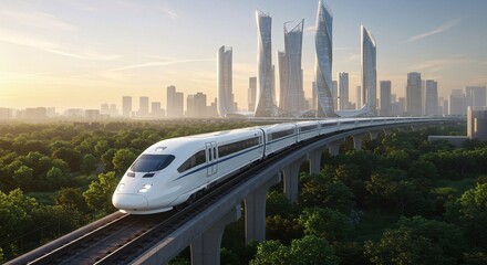High speed train travels on an elevated track with futuristic city skyline background