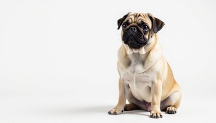 Obraz premium Adorable pug dog sits, isolated on white background, pet, cute dog, white background
