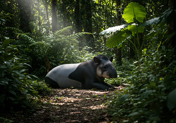 Fototapeta premium Tapir resting in lush forest