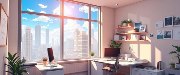 Sunlit anime-themed home office with large window overlooking cityscape,  shadow, organized