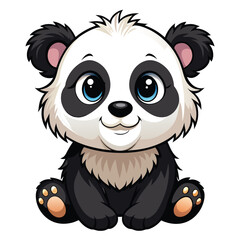 A fluffy baby panda with black and white fur sits and looks forward with a sweet expression a white background