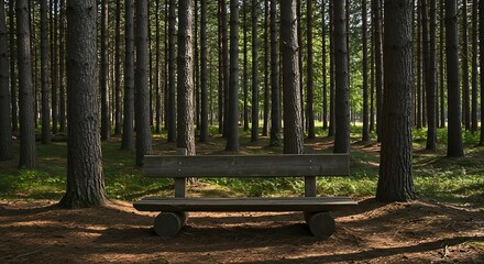 Bench in Forest Clearing with Sunlight Filtering Through Trees