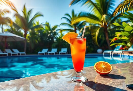 Sun-drenched poolside scene, vibrant tropical drinks, lush foliage, high-res detail,  luxury,  clear