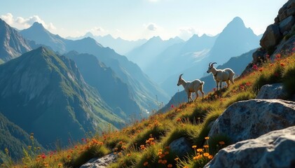 Sunlight bathes a rocky mountainside as mountain goats nimbly scale the terrain amidst vibrant wildflowers , nature, wildlife, wildflowers