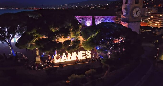 Aerial video in Cannes with a view at night. Prestigious nightlife in Cannes. Cannes, Cote Azur, French Riviera