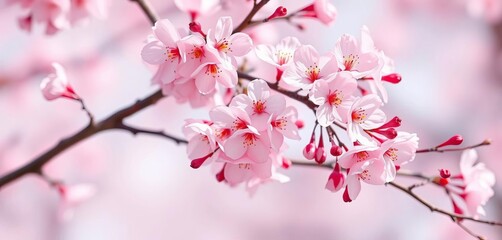 Soft watercolor pink cherry blossoms on delicate branches, dreamy spring background, art, floral