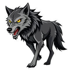 A gray wolf with bared teeth and piercing yellow eyes stands growling a white background