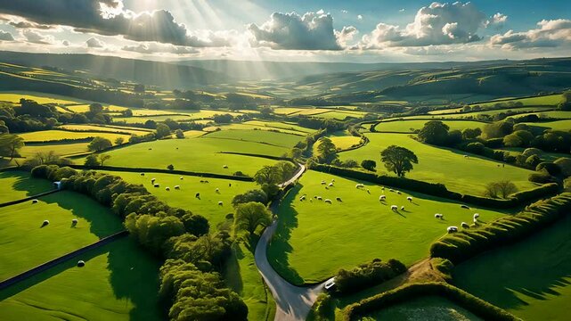 Aerial View of Lush Countryside Landscape with Rolling Hills, Green Fields and Sunbeams Breaking Through Clouds