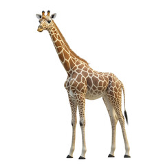 Fototapeta premium 3D Rendered Giraffe Standing Tall with Graceful Neck, Detailed Fur Pattern, and Soft Lighting Emphasizing Natural Texture on White Background, Realistic Wildlife Illustration for Nature