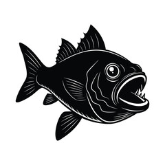 Black and white illustrated fish with open mouth on a transparent background