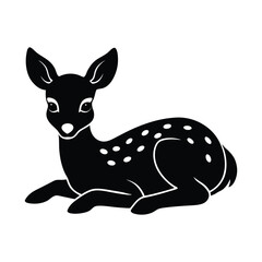 Black and white illustration of a resting fawn with polka dots isolated on white background