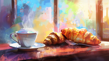 Breakfast view a bunch of croissant and a cup of coffee with cafe vibe background