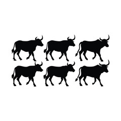Black silhouette of six bulls walking toward the left side on a white background